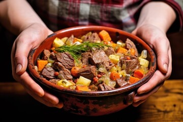 Canvas Print - juicy beef stew in a bowl held by hand