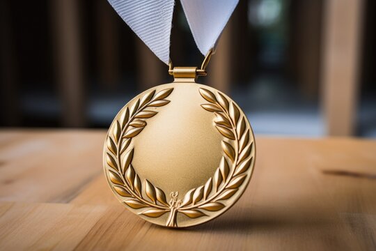 a close view of a laurel wreath shaped academic medal