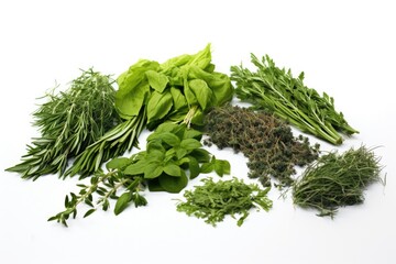 Poster - raw herbs spread out on a white background