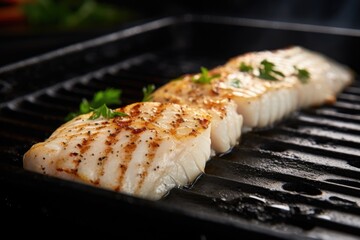 Wall Mural - a fish fillet grilling on a pan