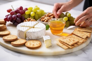 Canvas Print - reaching for a soft cheese spread with round crackers on a marble tray