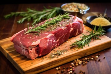 Poster - excised beef roast, garlic, and rosemary on a chopping board