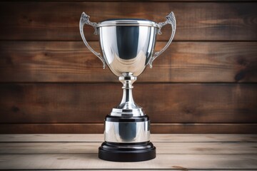 Wall Mural - silver cup trophy on a polished wooden background