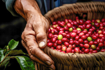 Skilled hands carefully harvest ripe red coffee beans on a lush plantation, showcasing the organic and natural essence of agriculture.