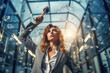 A determined female executive breaking a glass ceiling with hammer, symbolizing her determination and power to overcome obstacles in her career.