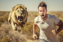 A Man Facing An Aggressive Male Lion In The African Savanna, Highlighting The Danger And Strength Of The Big Cat In The Wild.