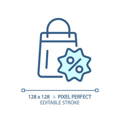 Sticker - 2D pixel perfect editable blue shopping percentage discount icon, isolated monochromatic vector, thin line illustration representing discounts.