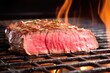 freshly grilled steak cut open, steam rising with pinkish inside visible