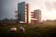 Modern pig farm with feeding tower. Generative AI