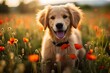 Golen Retriever puppy sitting in summer flower field