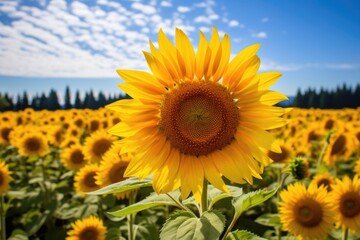 Wall Mural - one sunflower turned away from a field of sunflowers