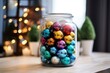 colorful christmas baubles in a glass jar
