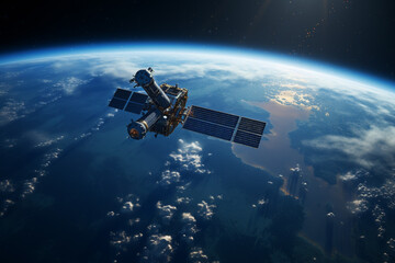  Communication satellite gracefully orbiting Earth, tirelessly connecting the world. Ai generated