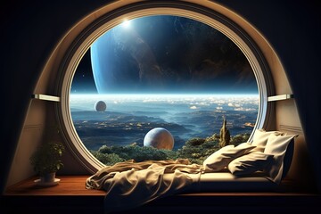 Wall Mural - beautiful view of outer space in the photo from the window. generative ai