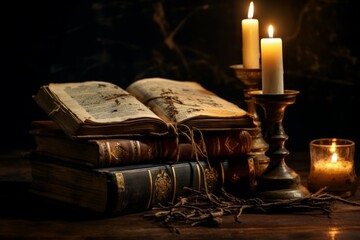 Old book stack and candles on wooden table. History ancient page religion note. Generate AI