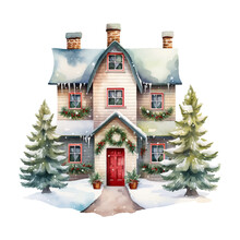 Vector Watercolor Winter Cozy House Illustrations. Hand Drawn Modern Home With Snowy Fir Trees Isolated On White Background. Woodland Cabin For Cards, Celebration Design