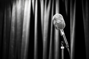 Canvas Print - black and white image highlighting a single microphone on stage