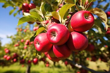 Sticker - focused shot of bright red apples on a tree in an orchard