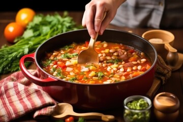 Wall Mural - hand holding a spoonful of minestrone near the pot