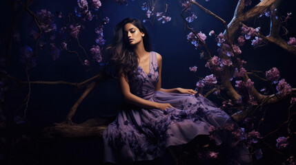 Sticker - beautiful young woman model setting in purple dress.