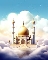 Wall Mural - an illustration of a magnificent mosque with clouds surrounding it. Generative AI