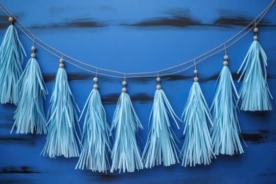 paper tassel garlands hanging against a blue wall