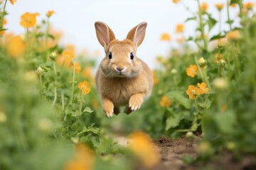 Canvas Print - rabbit hopping through a field of summer flowers