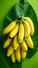 Wall Mural - Bunch of bananas on green background with leaves