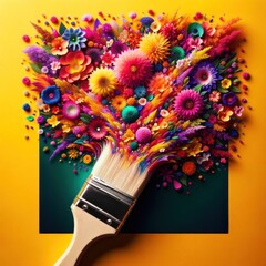 An ethereal tool for indoor art, the paintbrush blooms with vibrant flowers on a sunny yellow wall, adding a touch of whimsy to any space