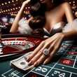 In the dimly lit casino room, a woman with a sparkling ring on her finger confidently places her bets at the roulette table, her fierce determination and love for games, attractive woman playing