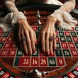 A fiery woman's hands glide across the spinning roulette wheel in a bustling casino, transporting her to a world of high-stakes games and endless possibilities