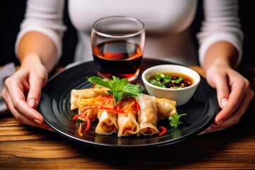 Canvas Print - hand holding plate of golden spring rolls with soy sauce