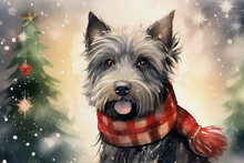 Christmas Theme Watercolour Illustration Of A Grey Shaggy Terrier Wearing A Tartan Scarf In The Snow, Great For Social Media And Greeting Cards