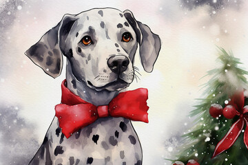 Christmas theme watercolour illustration of a young black and white Dalmatian wearing a red bow in the snow, great for social media and greeting cards