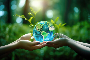 Human hands holding glass earth in green forest with sunlight. Environment, save the World, earth day, ecology, and Conservation Concept.