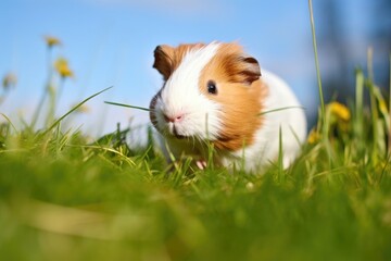 fluffy guinea pig exploring a patch of grass
