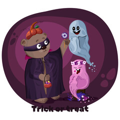 the halloween cute cartoon brown bear with two ghosts. the halloween bear treats ghosts with sweets. vector flat illustration