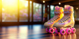 Fototapeta  - Yellow & pink roller skates in the park. A place where they teach you how to roller skate. Quad rollers with pink wheels on a wooden floor. Roller skates for sale, safety brands. Roller derby