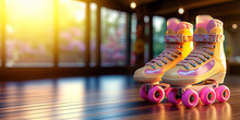 Yellow & Pink Roller Skates In The Park. A Place Where They Teach You How To Roller Skate. Quad Rollers With Pink Wheels On A Wooden Floor. Roller Skates For Sale, Safety Brands. Roller Derby