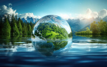 Glass Globe In The In Nature. Protecting The Earth's Water Resources,, Environmental Protection Concept.
