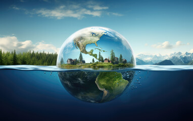 Glass globe in the in nature. Protecting the earth's water resources,, environmental protection concept.