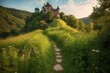 Path leading to magical castle perched on a hill amidst lush meadows and shrubs. Generative AI
