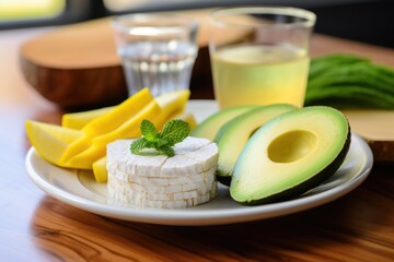 Poster - rice cake, avocado chunks, and a lemon wedge on a brunch table