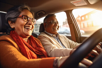 Indian senior couple driving a car