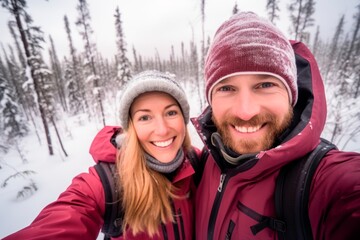 happy young couple  taking a selfie on the snowy mountains. Winter concept