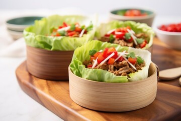 Poster - turkey lettuce wraps served in a bamboo steamer