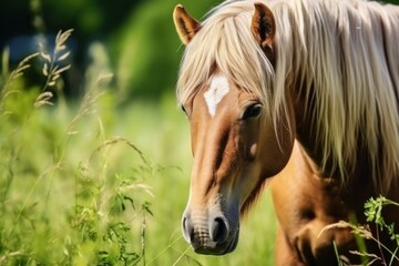 Brown horse with blond hair eats grass on a green meadow detail from the head.