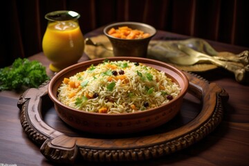 Poster - vegetarian pulao on a bamboo serving tray