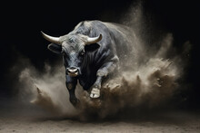 Majestic Black Bull Running In The Clouds Of Dust, Stunning Illustration, Dark Background