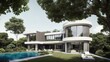 a rendering of a modern house with a pool and a large lawn
